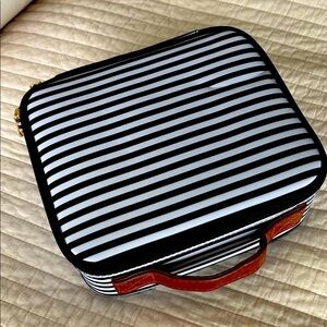 Striped Navy and White Bag with Brown Handle Travel Case